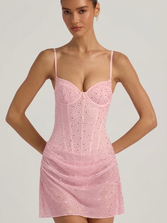 Oh Polly Dresses & Skirts - Oh Polly - Connie - Sparkle Mesh Bustier Mini Dress - Pink